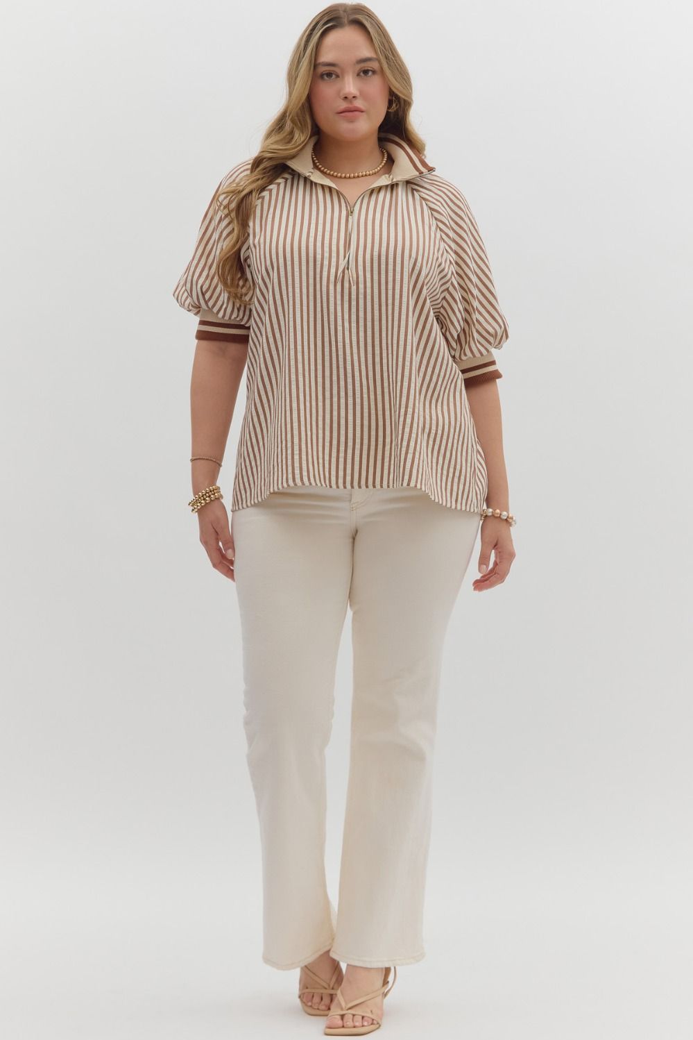 Curvy Courtyard Casual Striped Top - Caramel