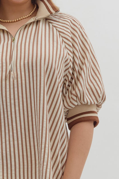 Curvy Courtyard Casual Striped Top - Caramel