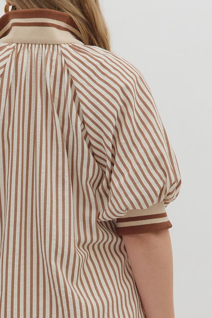 Curvy Courtyard Casual Striped Top - Caramel