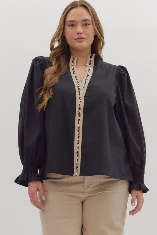 Curvy Winners Only Leopard Trim Top - Black