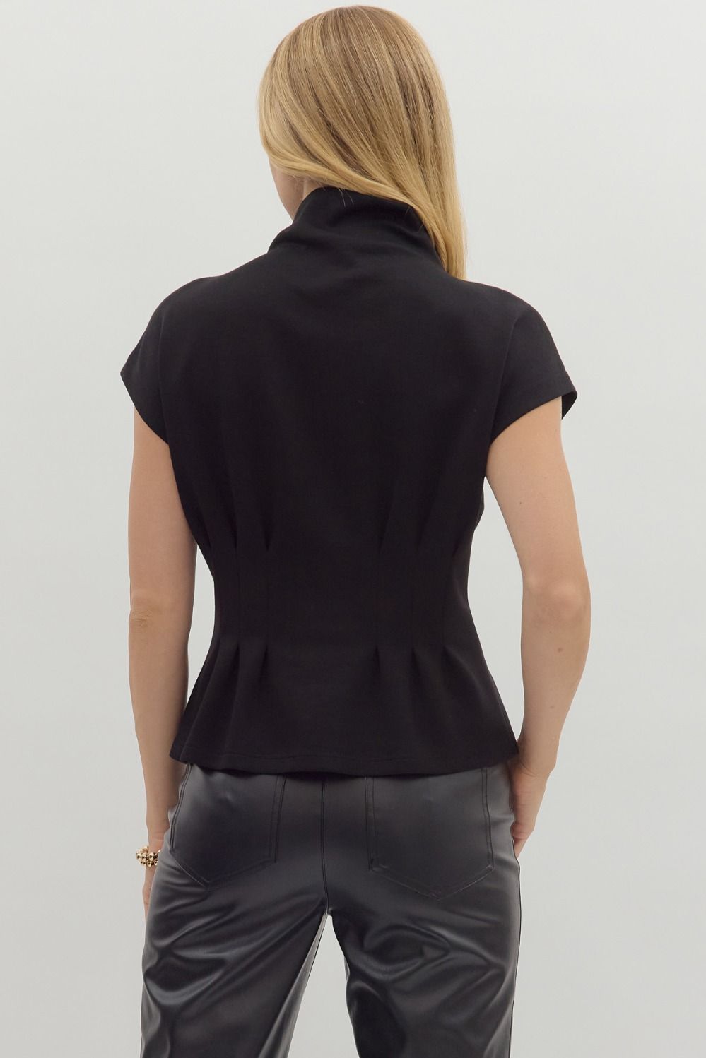 Pheobe Pleated Mock Neck Top - Black
