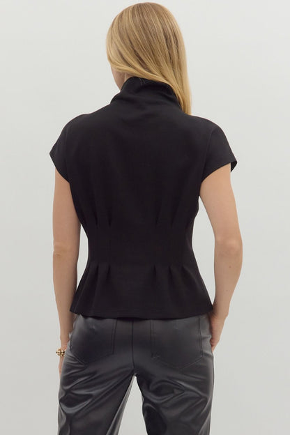 Pheobe Pleated Mock Neck Top - Black