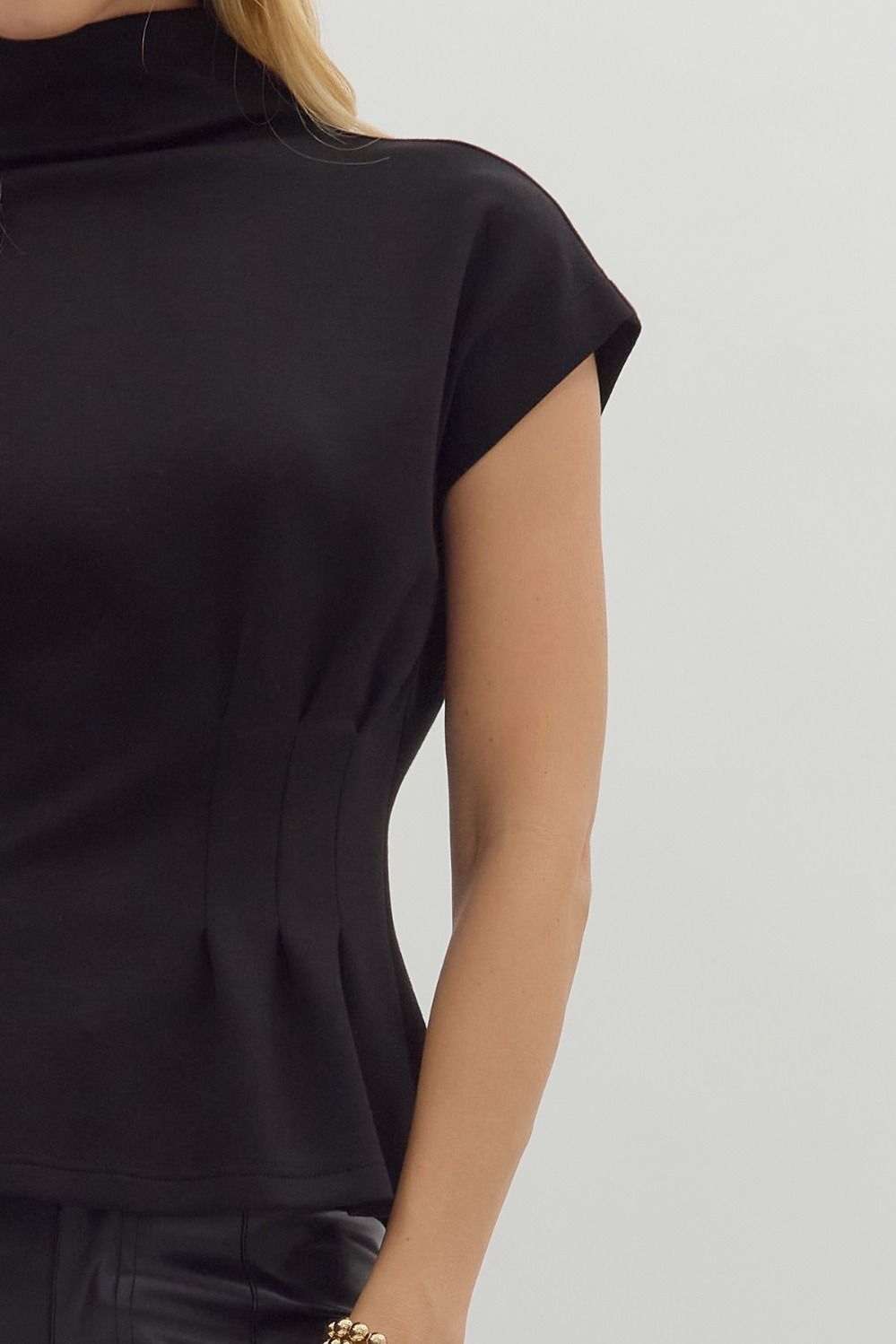 Pheobe Pleated Mock Neck Top - Black