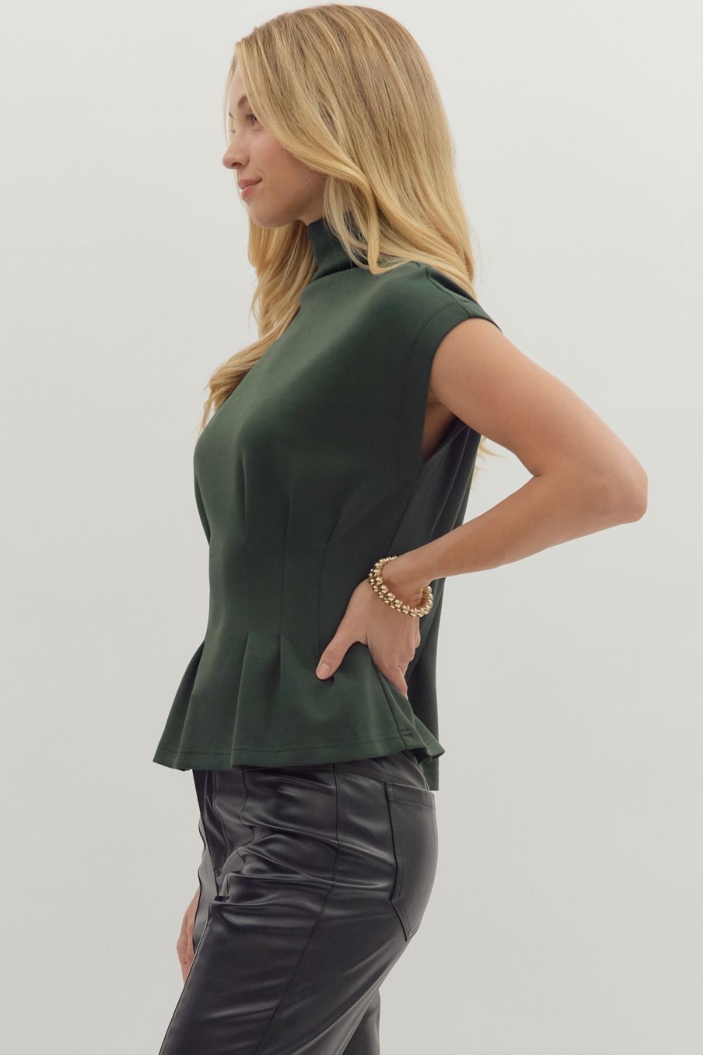 Pheobe Pleated Mock Neck Top - Green
