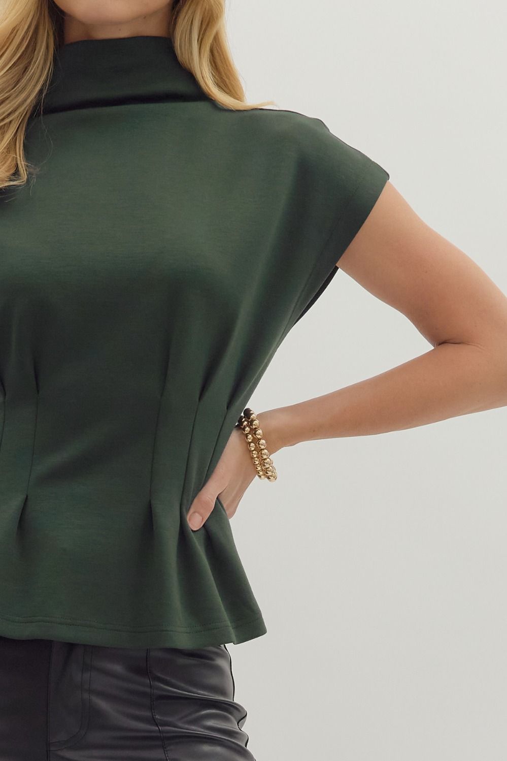 Pheobe Pleated Mock Neck Top - Green