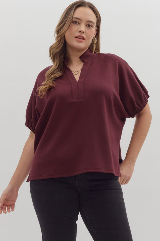 Curvy Solid Go To V Neck Top - Burgundy