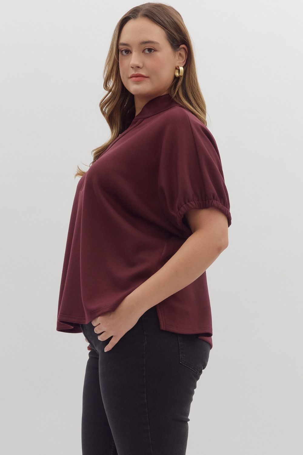 Curvy Solid Go To V Neck Top - Burgundy