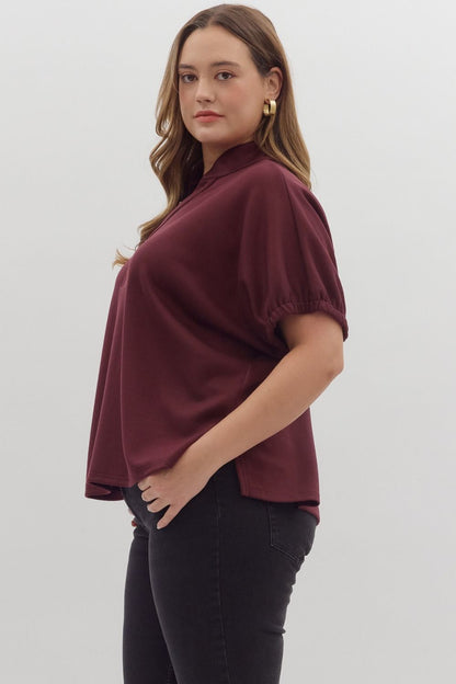 Curvy Solid Go To V Neck Top - Burgundy
