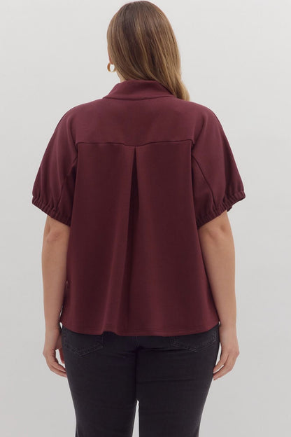 Curvy Solid Go To V Neck Top - Burgundy