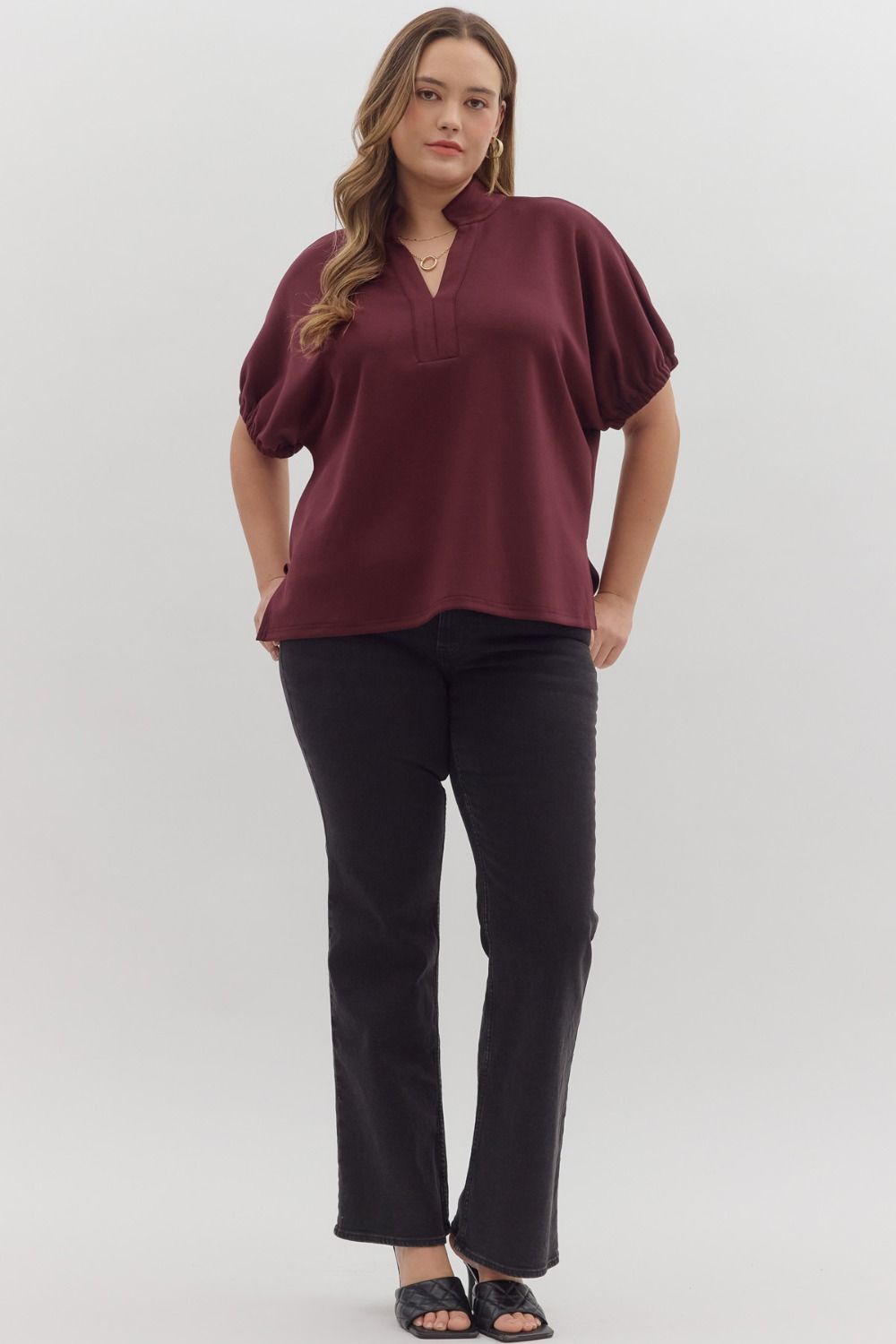 Curvy Solid Go To V Neck Top - Burgundy