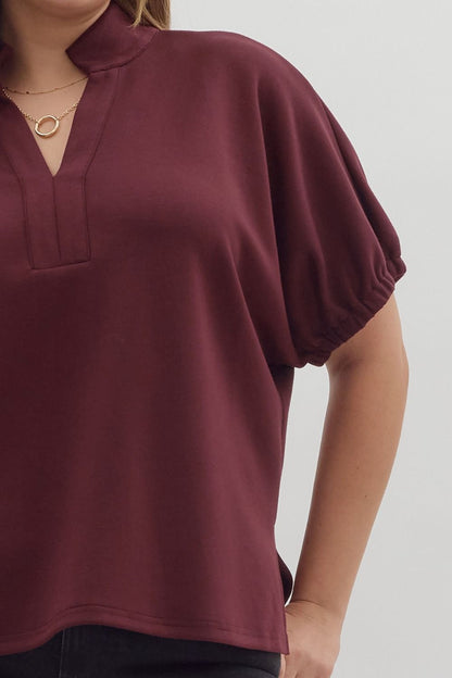 Curvy Solid Go To V Neck Top - Burgundy