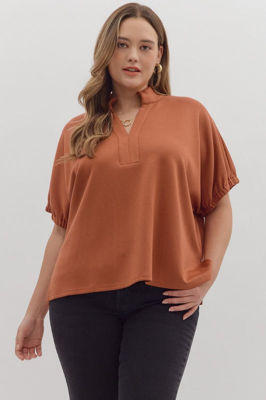 Curvy Solid Go To V Neck Top - Clay