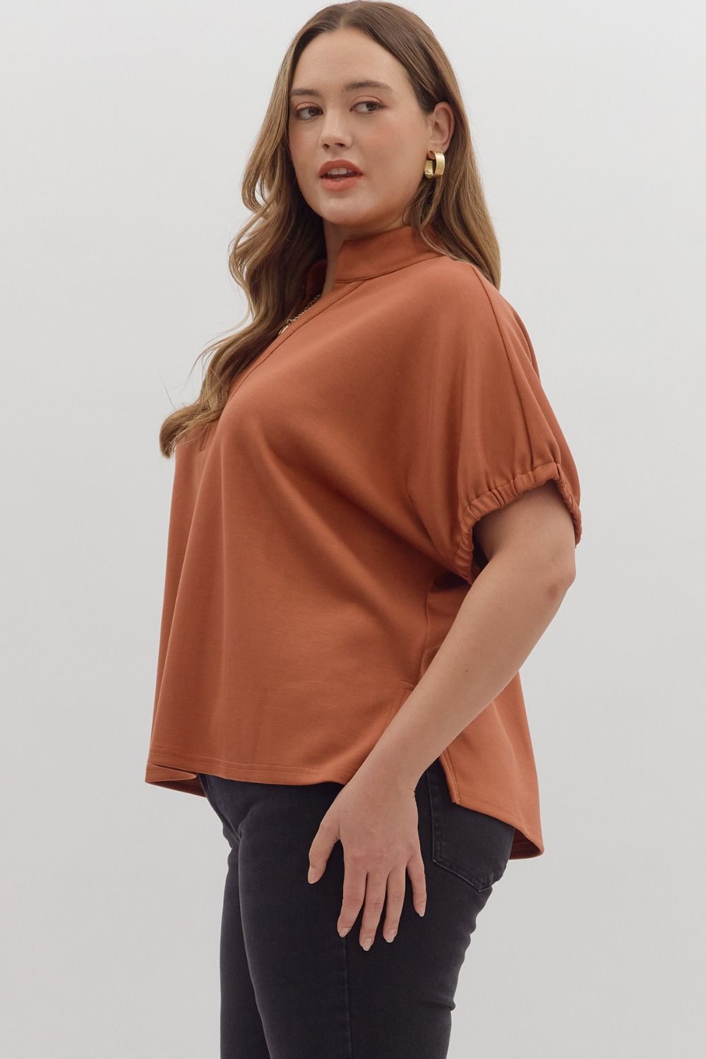 Curvy Solid Go To V Neck Top - Clay