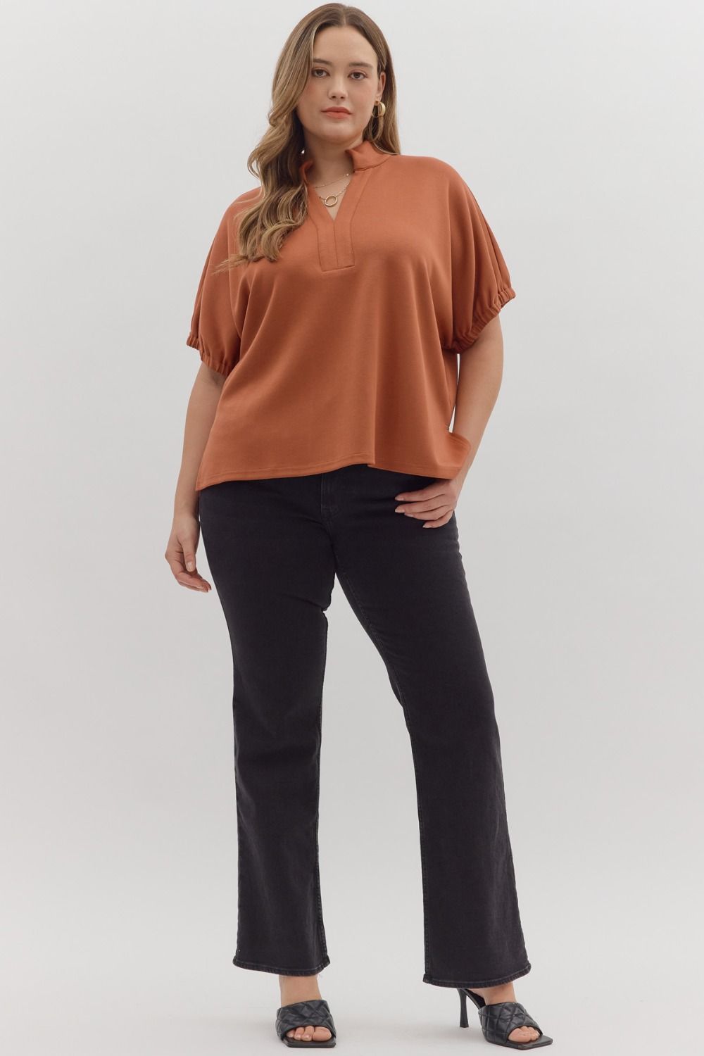Curvy Solid Go To V Neck Top - Clay