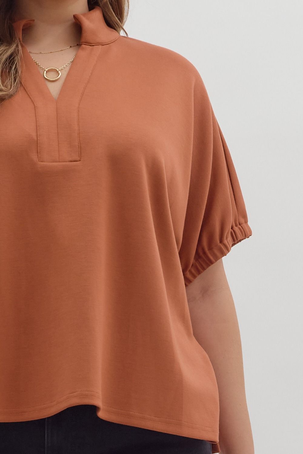 Curvy Solid Go To V Neck Top - Clay