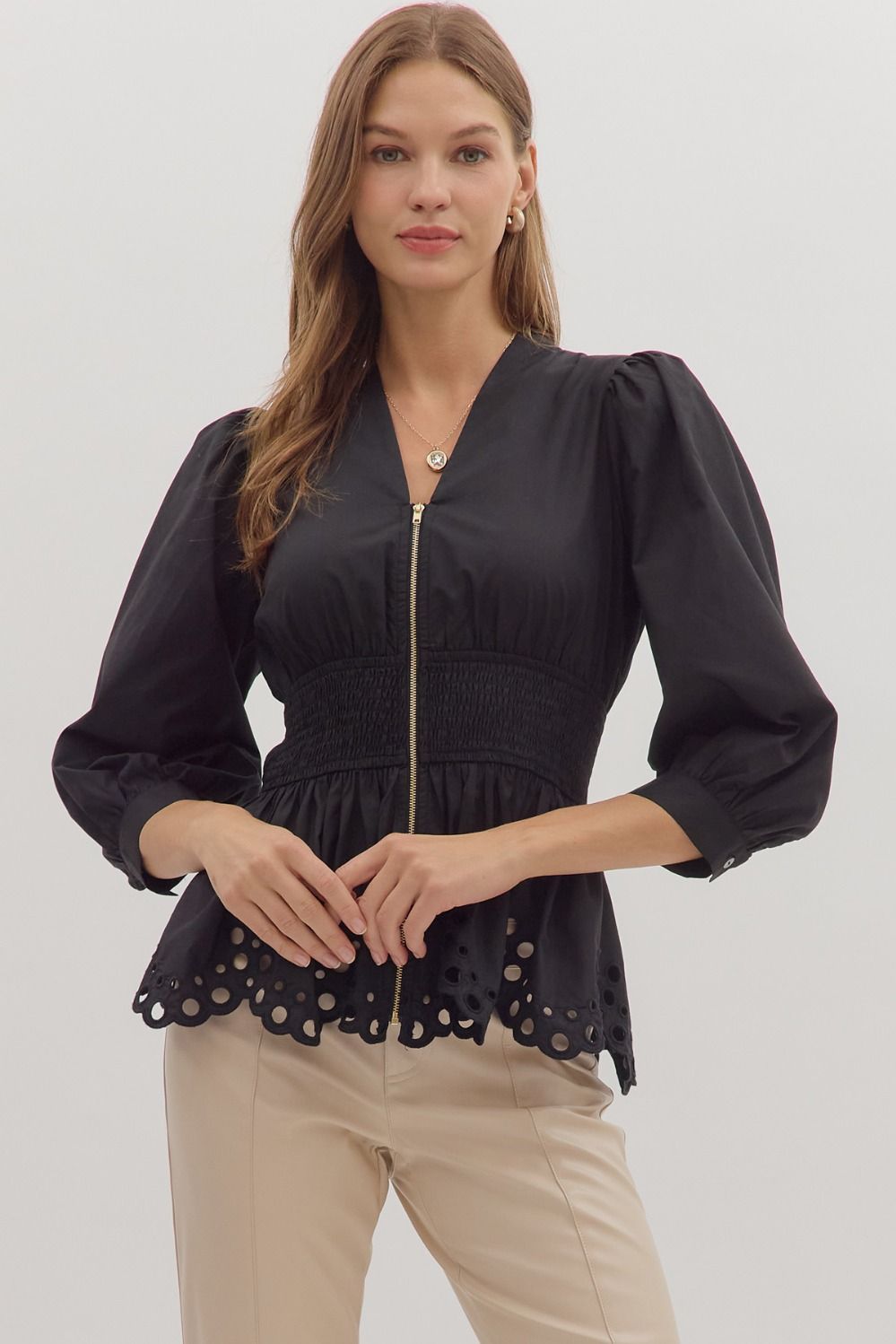 Maureen Smocked Waist Top - Black