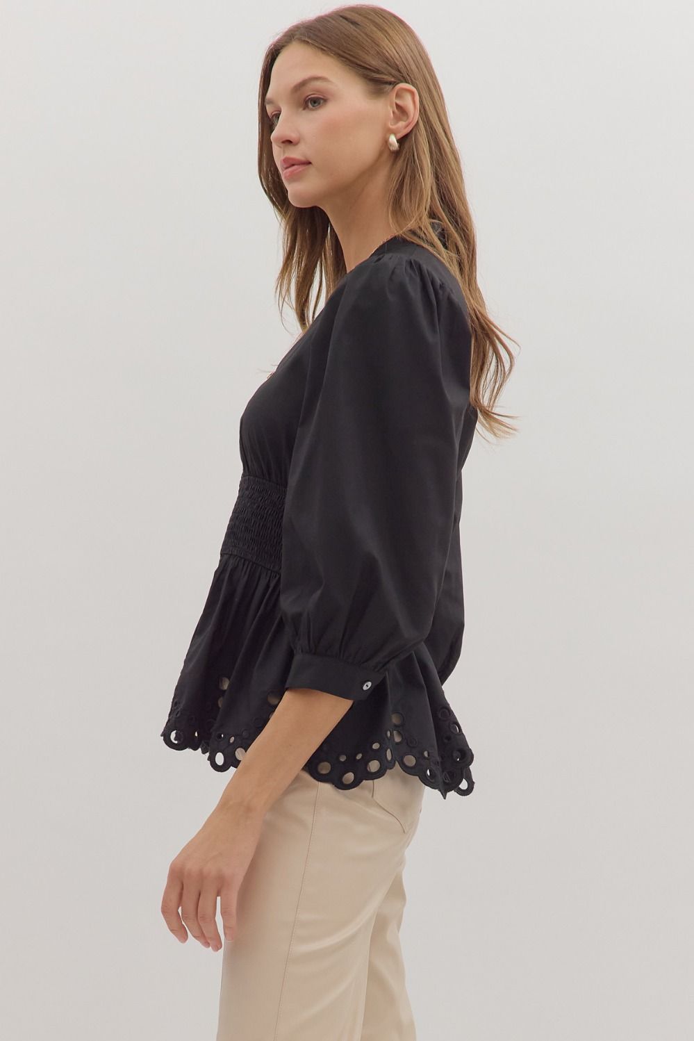 Maureen Smocked Waist Top - Black