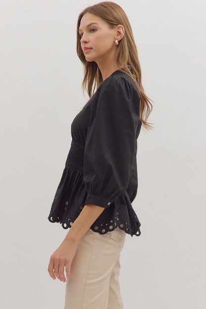 Maureen Smocked Waist Top - Black