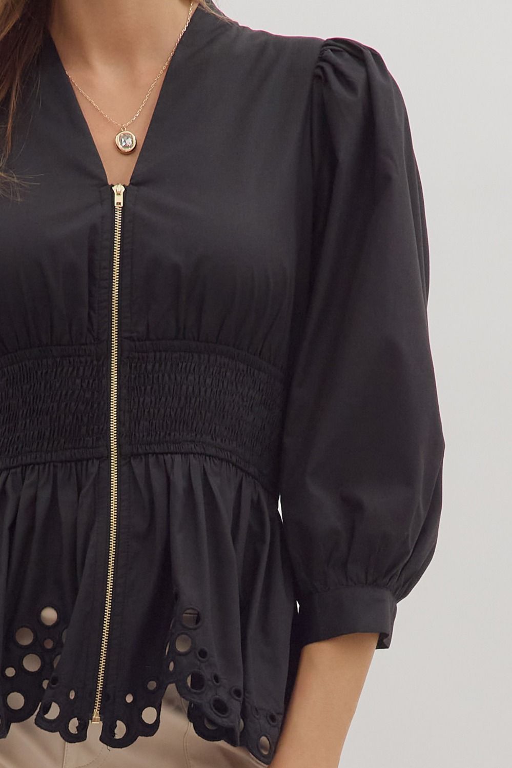 Maureen Smocked Waist Top - Black
