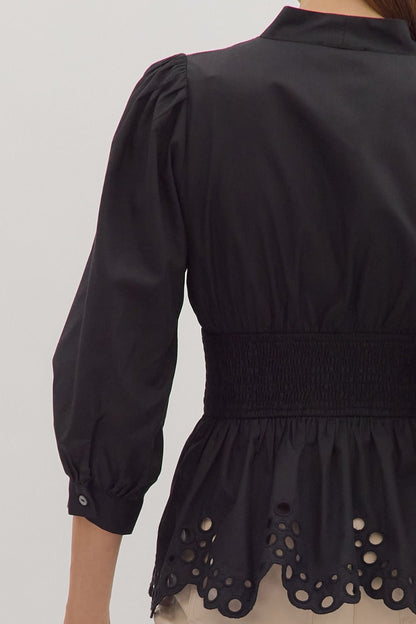 Maureen Smocked Waist Top - Black