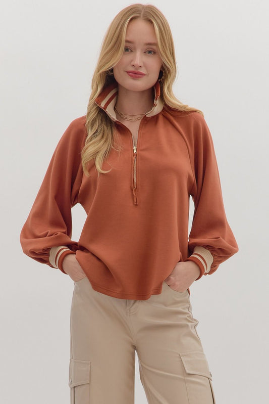 Chestnut Half Zip Striped Contrast Top - Clay