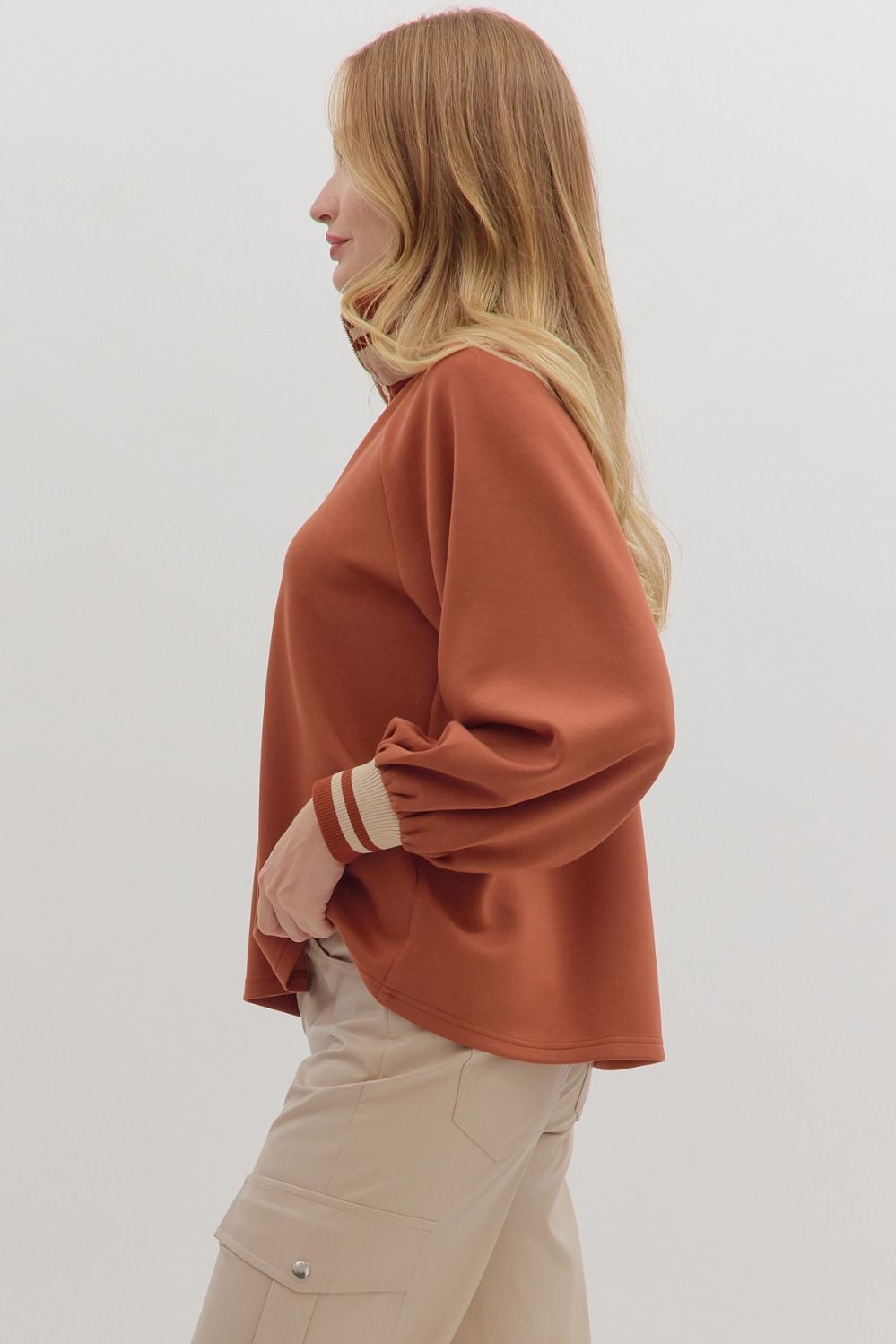 Chestnut Half Zip Striped Contrast Top - Clay