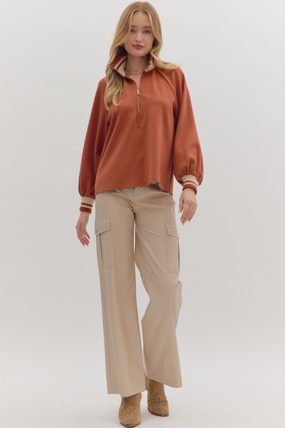 Chestnut Half Zip Striped Contrast Top - Clay