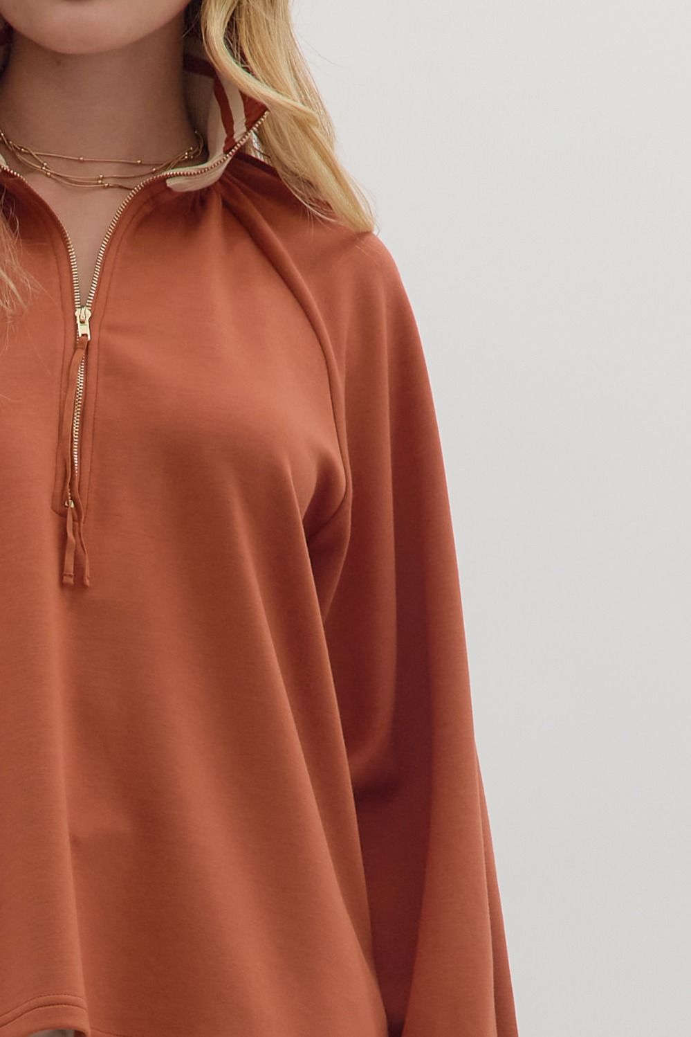 Chestnut Half Zip Striped Contrast Top - Clay