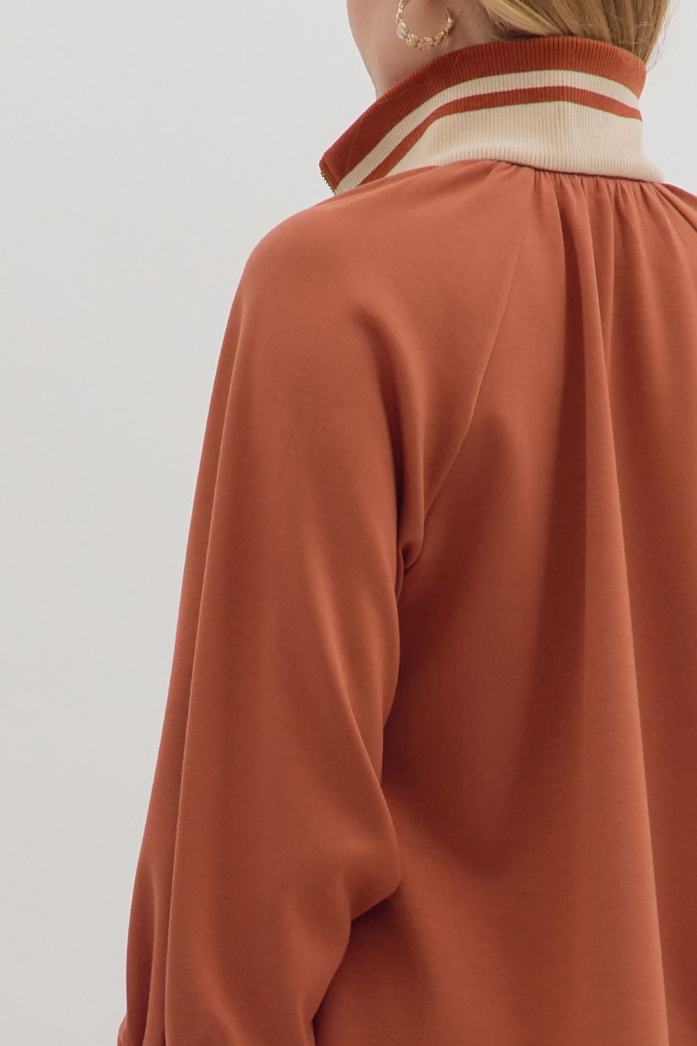 Chestnut Half Zip Striped Contrast Top - Clay