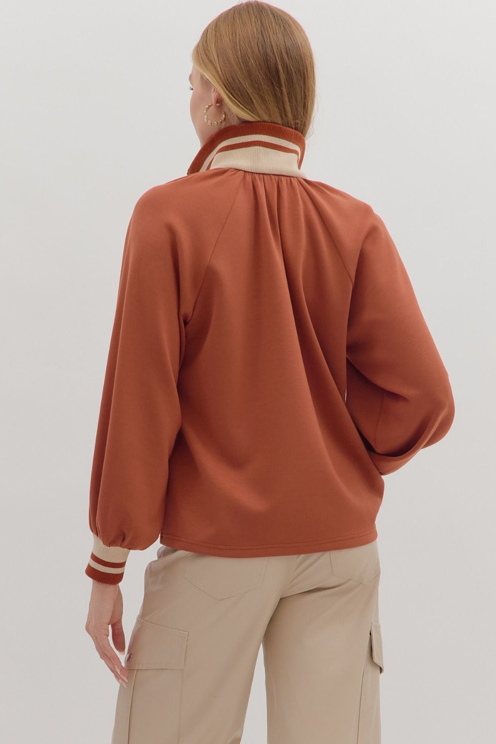 Chestnut Half Zip Striped Contrast Top - Clay