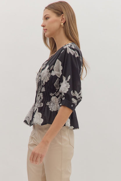 Vintage Days Floral Peplum Top - Black