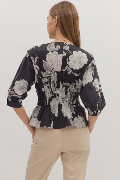 Vintage Days Floral Peplum Top - Black