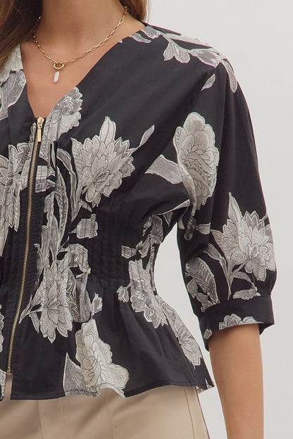 Vintage Days Floral Peplum Top - Black