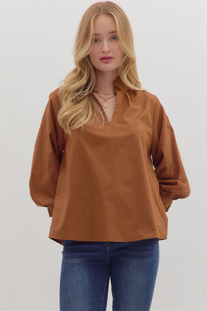 Raising The Bar Split Neck Top - Caramel