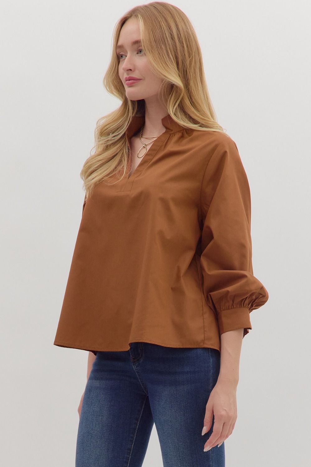 Raising The Bar Split Neck Top - Caramel
