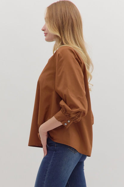 Raising The Bar Split Neck Top - Caramel