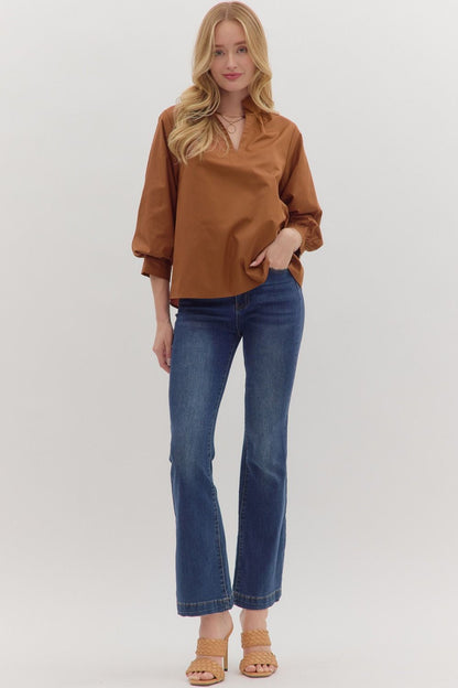 Raising The Bar Split Neck Top - Caramel