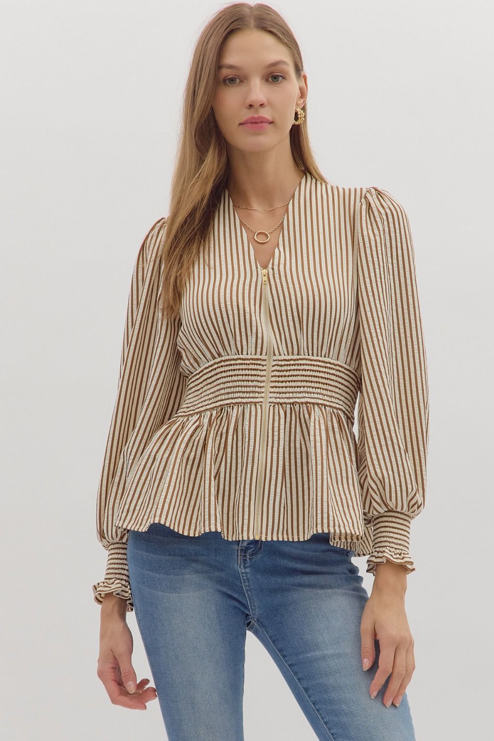 Hampton Stripe Smocked Peplum Top - Caramel