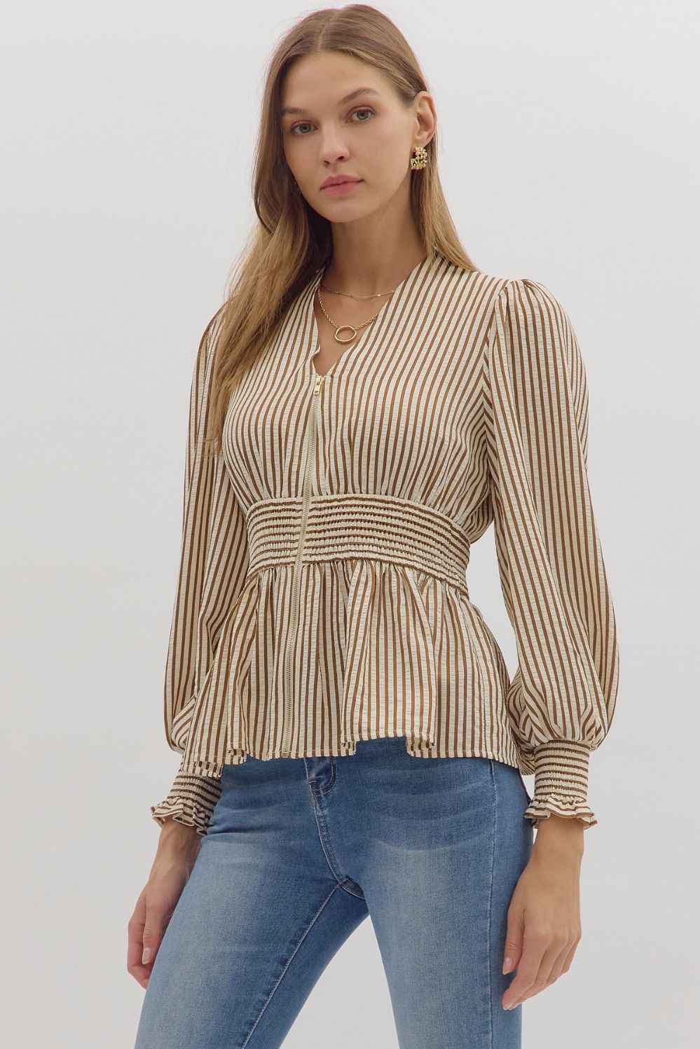 Hampton Stripe Smocked Peplum Top - Caramel