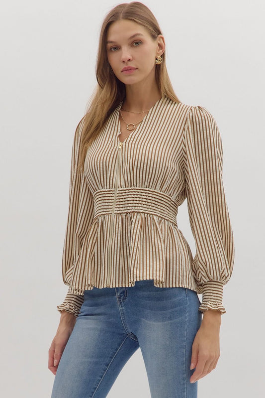 Hampton Stripe Smocked Peplum Top - Caramel