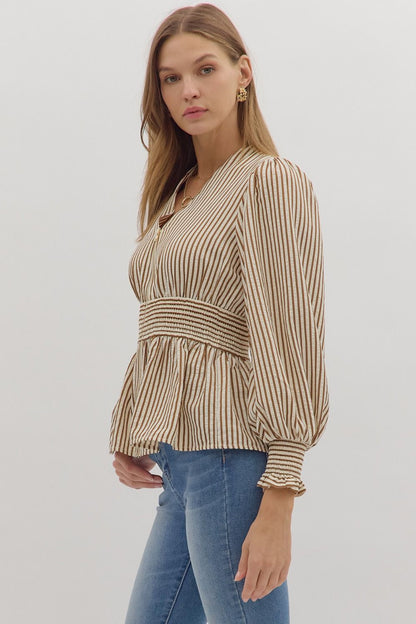 Hampton Stripe Smocked Peplum Top - Caramel