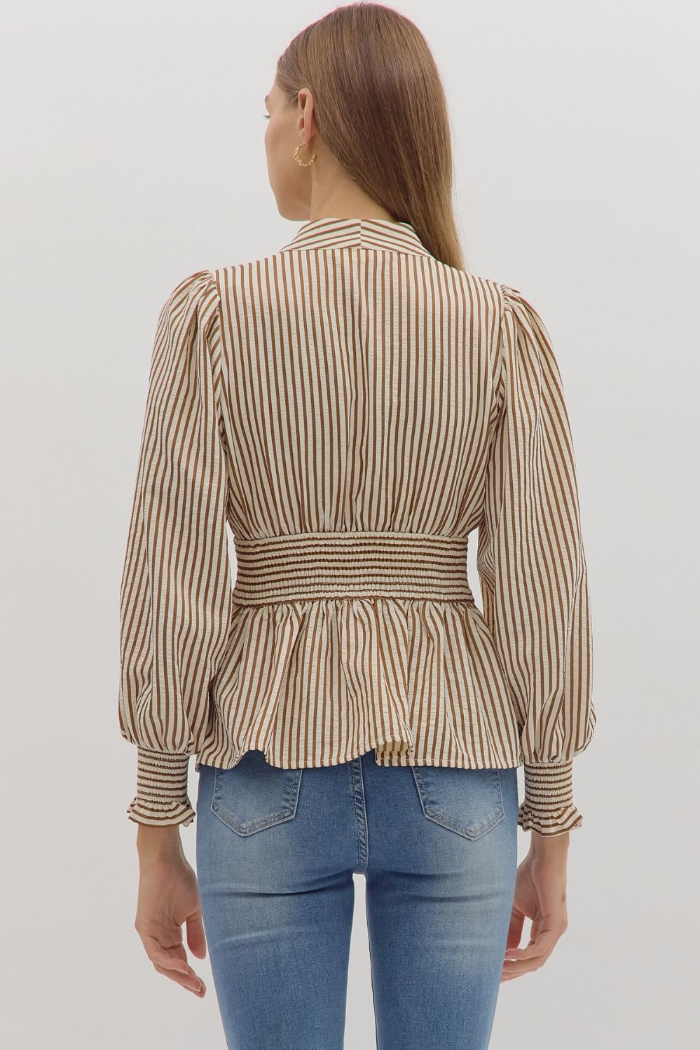 Hampton Stripe Smocked Peplum Top - Caramel