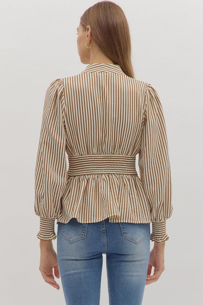 Hampton Stripe Smocked Peplum Top - Caramel