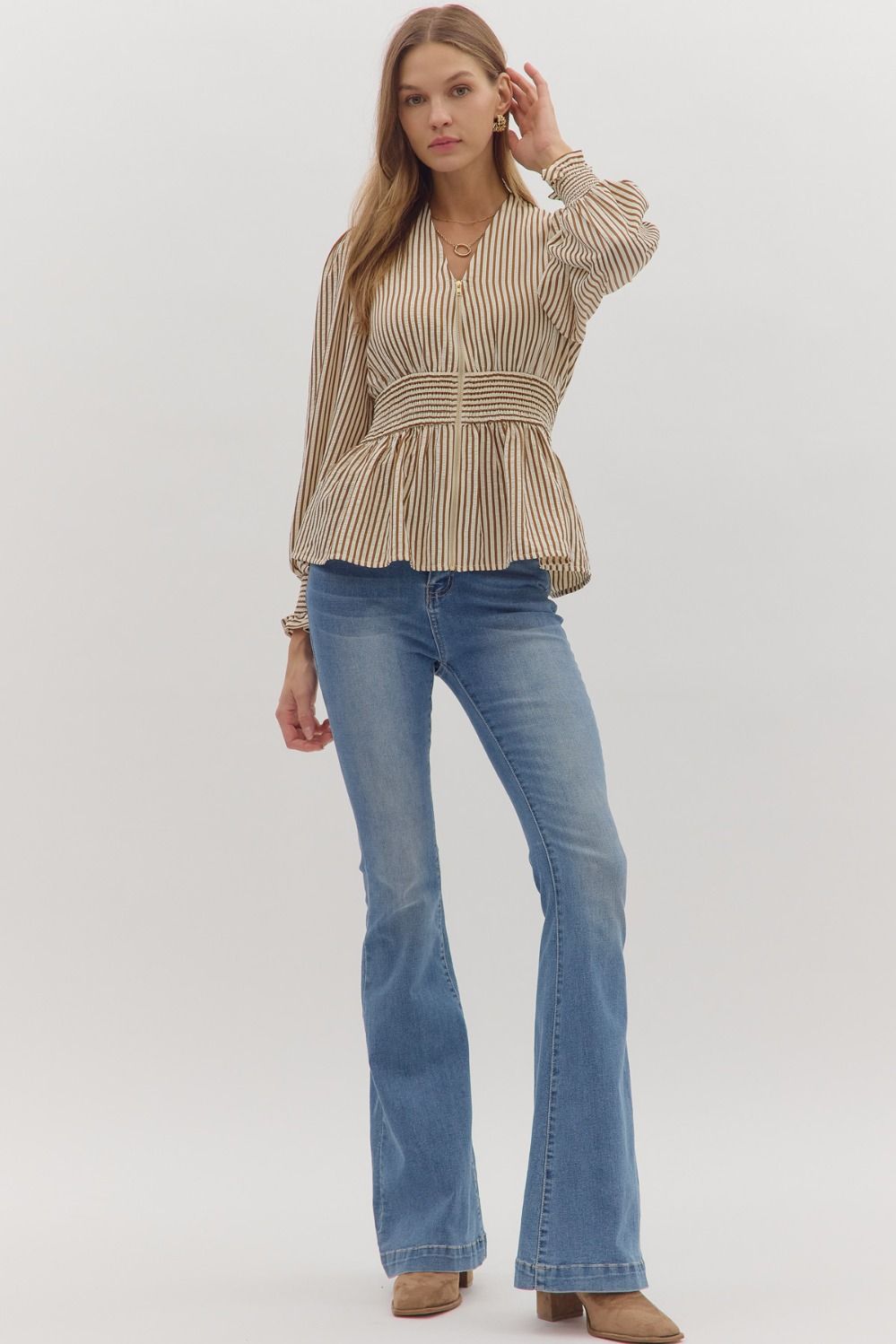 Hampton Stripe Smocked Peplum Top - Caramel