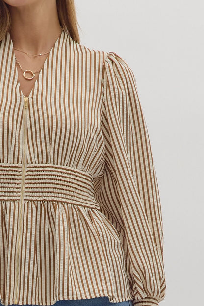 Hampton Stripe Smocked Peplum Top - Caramel