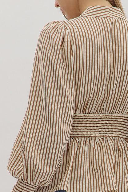Hampton Stripe Smocked Peplum Top - Caramel