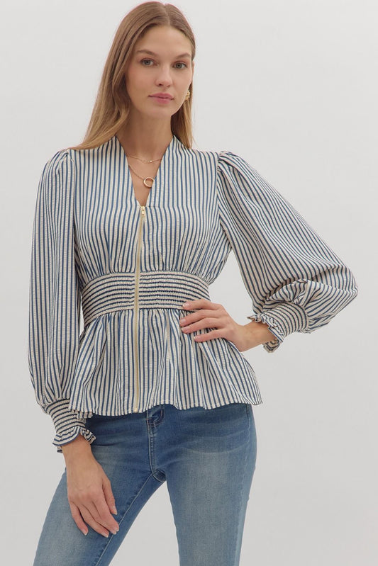 Hampton Stripe Smocked Peplum Top - Navy