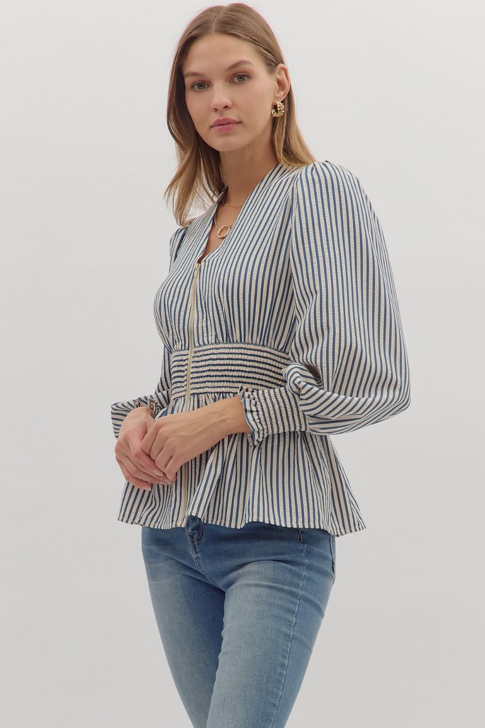 Hampton Stripe Smocked Peplum Top - Navy