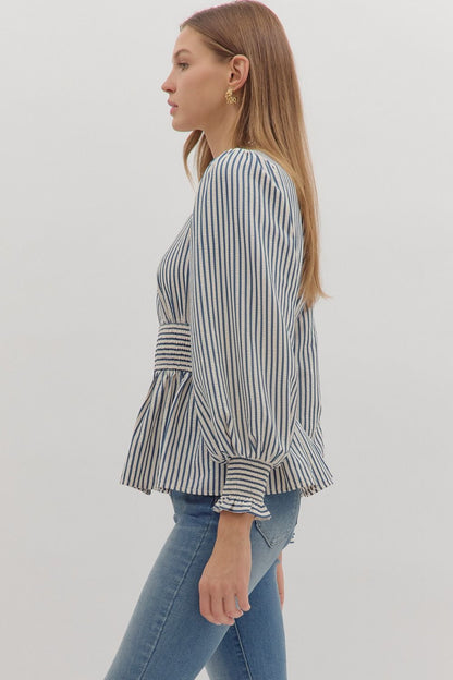 Hampton Stripe Smocked Peplum Top - Navy