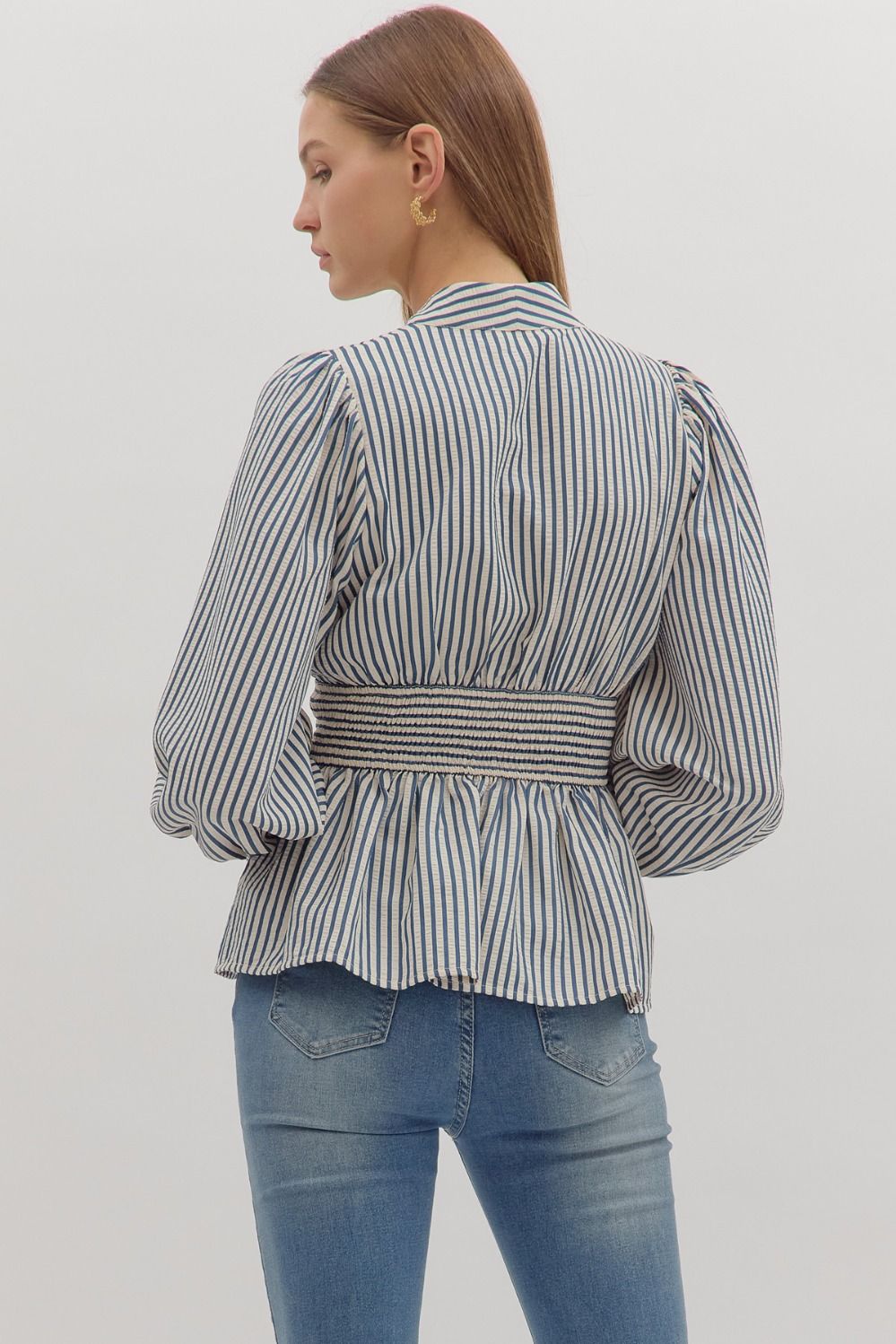 Hampton Stripe Smocked Peplum Top - Navy